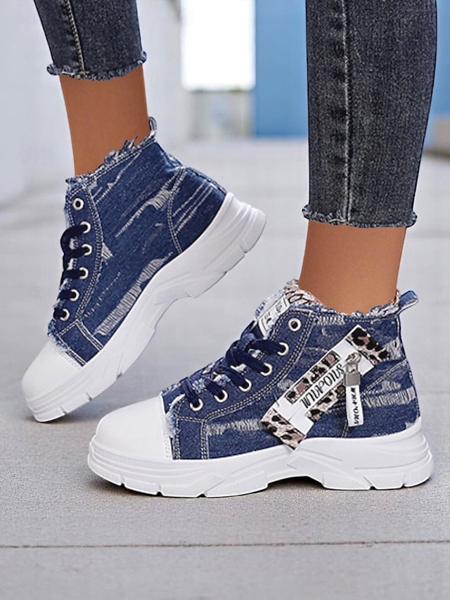  Damen-Denim-High-Top-Plateau-Sneaker mit Leoparden-Detail – lässige Streetstyle-Schnürschuhe für Teenager und junge Erwachsene