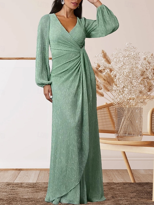  A-Line Mother of the Bride Dress Wedding Guest Elegant Sweet V Neck Floor Length Chiffon Long Sleeve with Ruffles Ruching