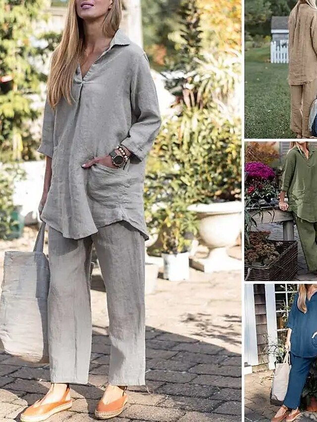  Femmes Streetwear Chemises en coton et lin Chemisier Ensembles de Pantalons manche longue Col de chemise Couleur Unie Vacances Décontracté Quotidien Bleu Vert foncé Kaki Été Coupe régulière