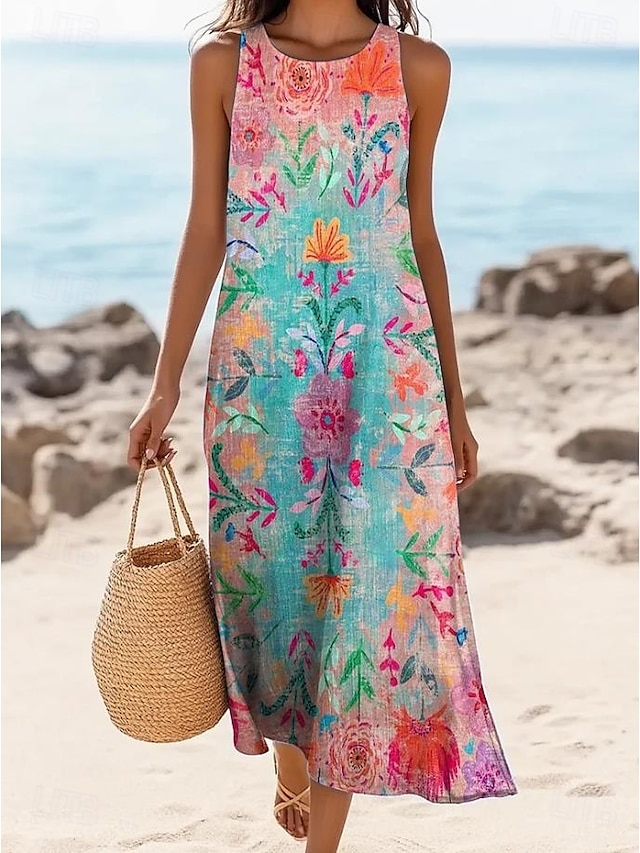  Femmes Robe maxi Robe trapèze Robe à épaules dénudées Vacances Occasionnel Boho Sortir Coupe Standard Fleuri Graphique Sans manches Col en U Jaune clair Bleu Été Printemps