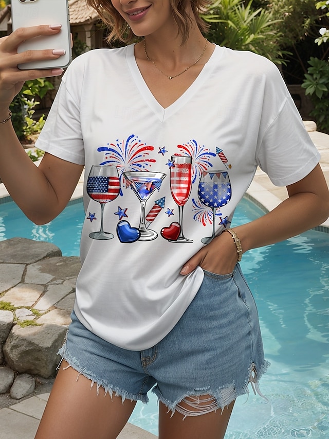 T-shirt patriote pour femmes graphique cœur étoile vintage élégant classique à manches courtes col en V tops réguliers quotidiens week-end imprimé noir blanc rouge bleu violet été printemps