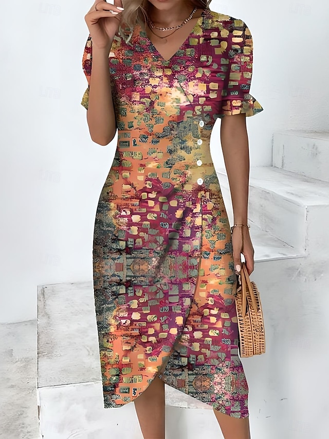  Pentru femei Rochii Midi Rochie împachetată Rochie de vară Vacanță Casual Stiluri de Plajă Zilnic Concediu Ieșire Fit regulat Floral Grafic Manșon scurt În V Roșu Ruginiu Albastru piscină Mov Trifoi