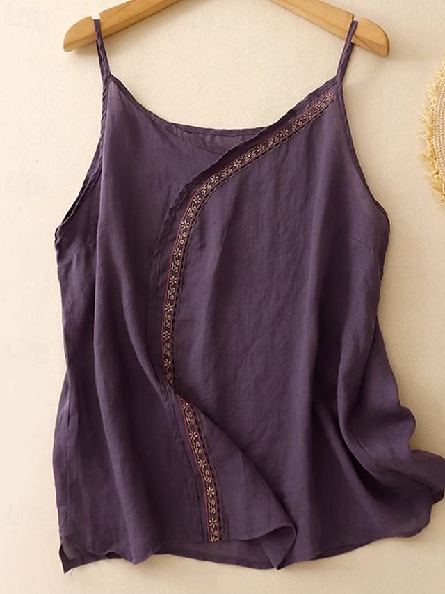  Femmes Gilet en coton et lin Chemisier Fleur Élégant Moderne Sans manches Bretelle Hauts Réguliers Fête Sortir Broderie Violet Été