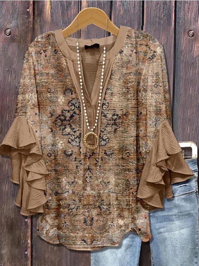  Women's Blouse V Neck Floral Graphic Paisley Bohemia Vintage Daily 3/4 Length Sleeve Regular Tops Daily Holiday Vacation Wear Print Pink Purple Khaki Beige Summer Spring Fall