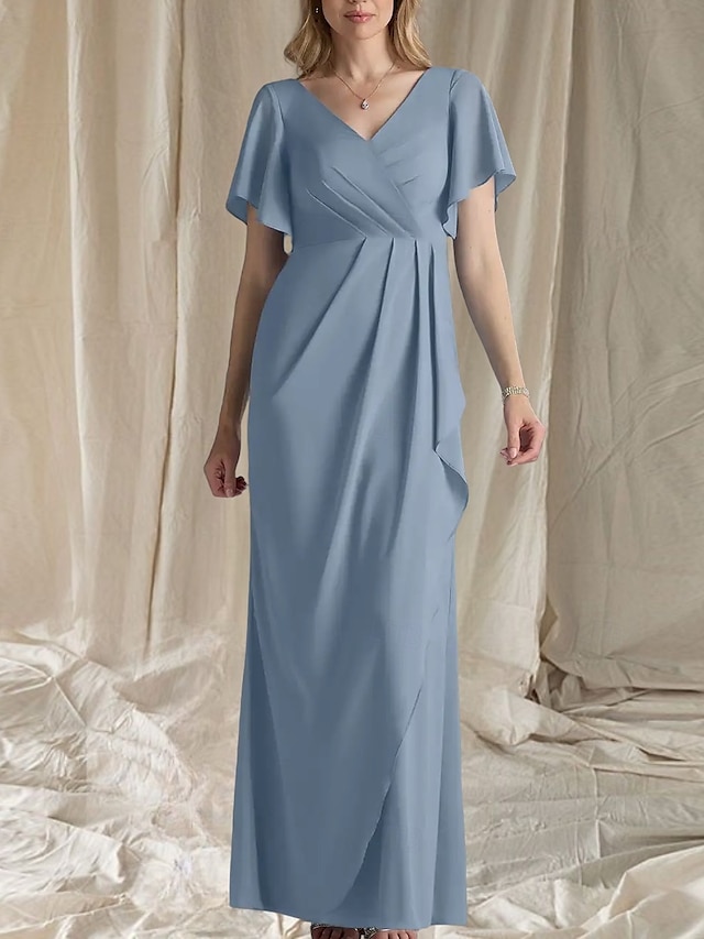  Ligne A Robe de Mère de Mariée  robe demoiselle d honneur Élégant Doux Col en V Longueur au sol Chiffon Manche Courte avec Fronces Drapé latéral 2025