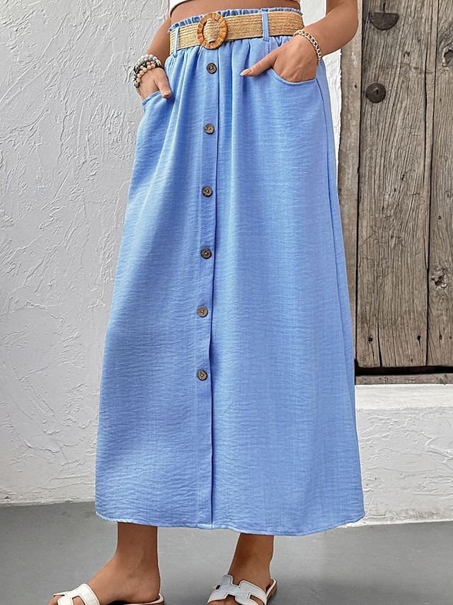  Damen Rock Lässig Midi Mittlere Hüfthöhe Röcke Einfach Tasche Mikroelastisch Urlaub Straße Blau Sommer Polyester