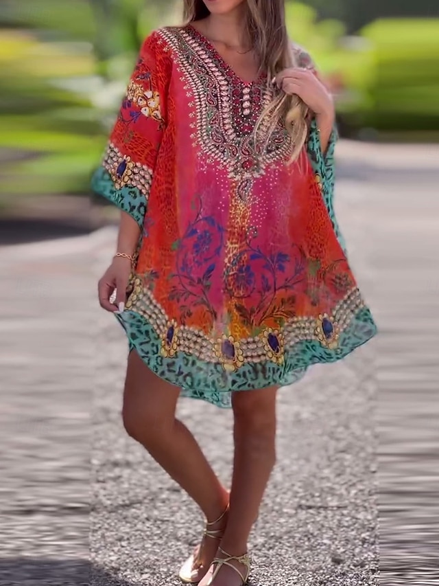  Women's Mini Dress A Line Dress Casual Boho Daily Holiday Beach Regular Fit Graphic 3/4 Length Sleeve V Neck Red Blue Green Summer Spring