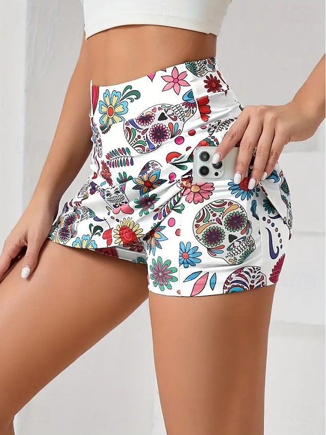  Dam Smal Kjol Tenniskjol Mode Ledigt Mini Hög midja Kjolar Grafisk Blommig Ficka Elastisk Utomhussport Dagligen Vit Rodnande Rosa Grå Sommar Stickat Polyester