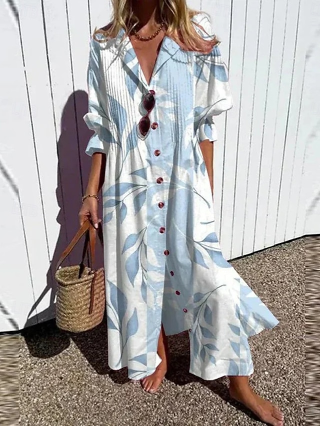  Pentru femei Rochie Maxi Rochie A line Casual În aer liber Ieșire Fit regulat Floral Manșon Lung În V Alb Albastru piscină Portocaliu Trifoi Vară Primăvară