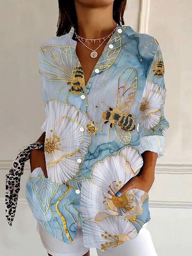 Women's Shirt Button Down Tunic Shirt Collar Long Sleeve Floral Graphic Vintage Tropical Daily Regular Tops Work Daily s Print Light Blue Spring4
