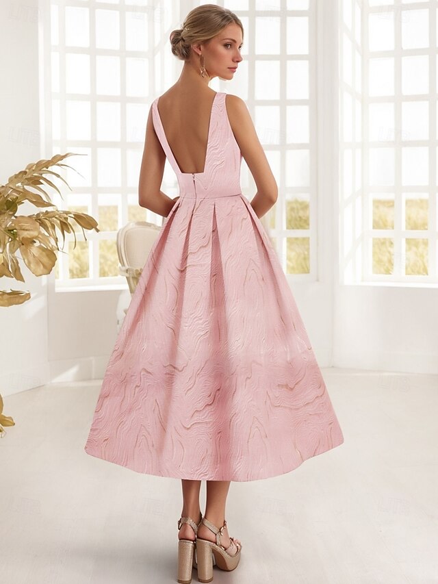 Jacquard A-Line Strapless Corset Tea-Length Evening Dresses with Pockets main image 1