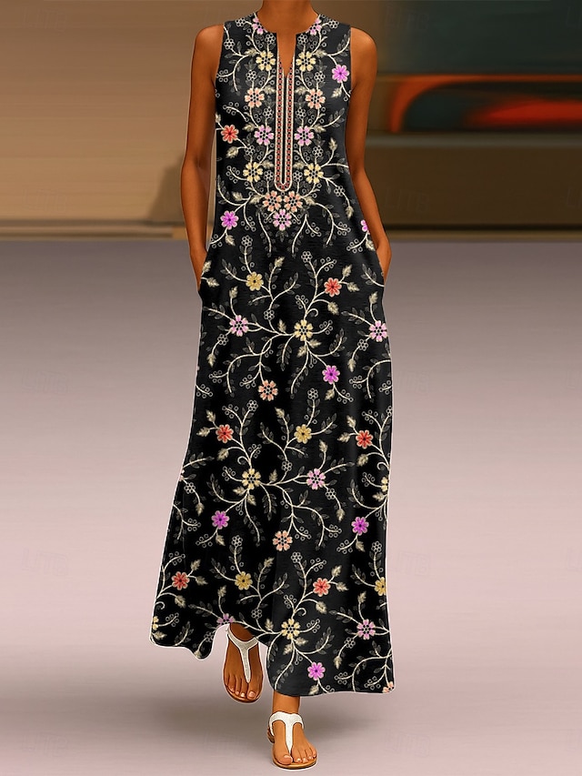  Damen Maxikleid Sommerkleid A Linie Kleid Urlaub Lässig Boho Täglich Ferien Normale Passform Blumen Grafik Ärmellos V Ausschnitt Schwarz Sommer