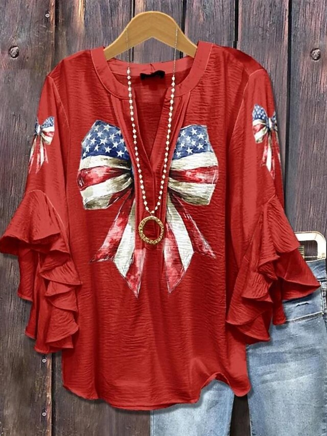 Women's Patriotic  Blouse Graphic Flag Vintage Daily Stylish 3/4 Length Sleeve Flutter Sleeve V Neck Regular Tops Daily Holiday Wear Ruffle Print Red Dark Gray3