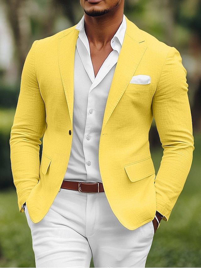  Herr Linne blazer Sportrock Mode Ledigt Solid färg Blazer Gul Rodnande Rosa Himmelsblå Standardpassform Singelknäppt 1 Knapp