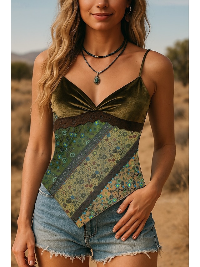  Women's Boho Shirt Blouse Flower Modern Boho Sleeveless Strap Crop Tops Holiday Going out Print Asymmetric Green Summer