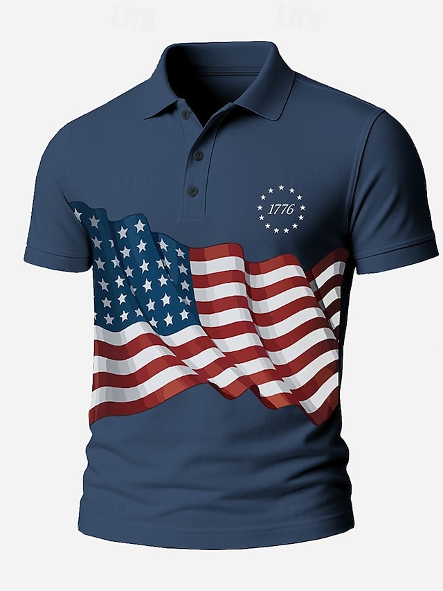  Tag der Unabhängigkeit Herren Amerikanische Flagge Polo Kurze Ärmel Revers Alltagstauglich Sport & Outdoor Athleisure Festival Knöpfe Sommer Weiß Marineblau
