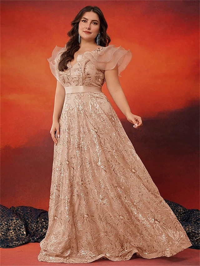  Φόρεμα A-Line plus size κομψό φόρεμα επίσημο γάμο μήκους δαπέδου χωρίς μανίκια V ντεκολτέ δαντέλα με παγιέτες