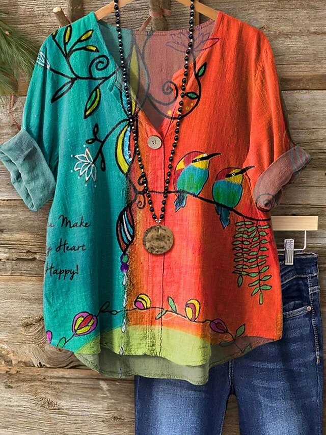 Women's Blouse Long Sleeve  V Neck Floral Graphic Vintage Tropical Hawaiian  Regular Tops Daily Holiday Beach Wear Print Blue Orange Green Summer Spring4