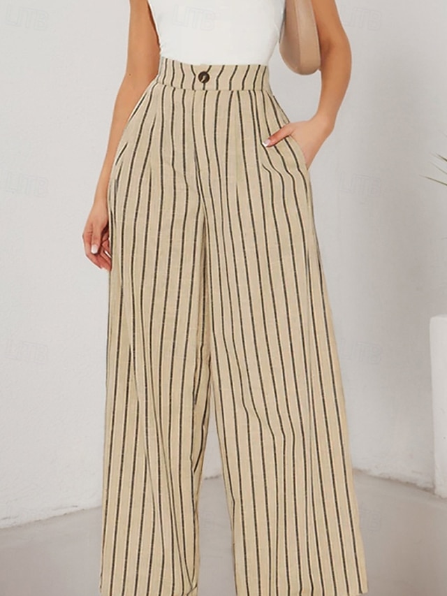  Mulheres Calças de linho de algodão Calças Moda Roupa de rua Comprimento total Natural Listrado Bolsos Cintura elástica Confortável Ao ar livre Rua cáqui Verão Normal