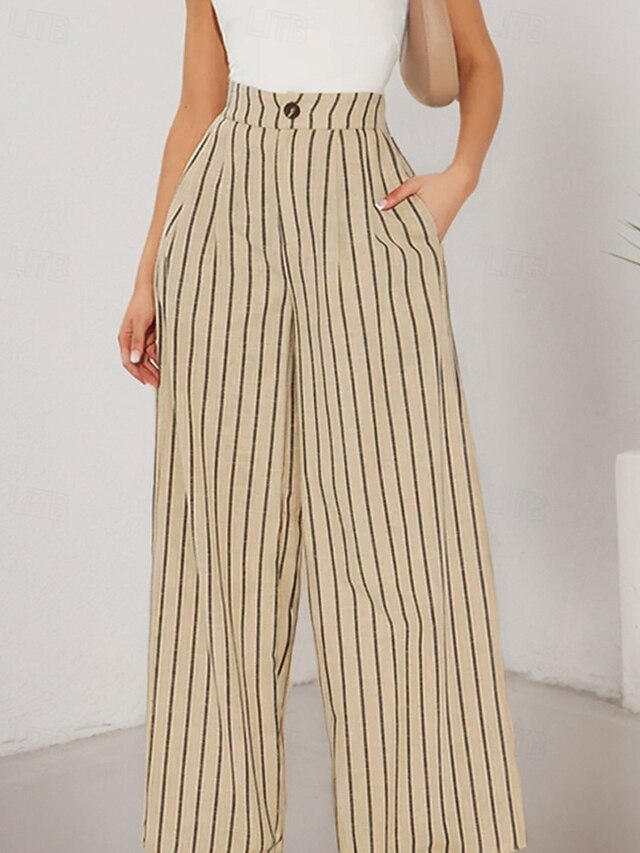 Women's Cotton Linen Pants Slacks Fashion Streetwear Full Length Natural Striped Pocket Elastic Waist Comfy Comfortable Outdoor Street Khaki Summer Regular Fit4