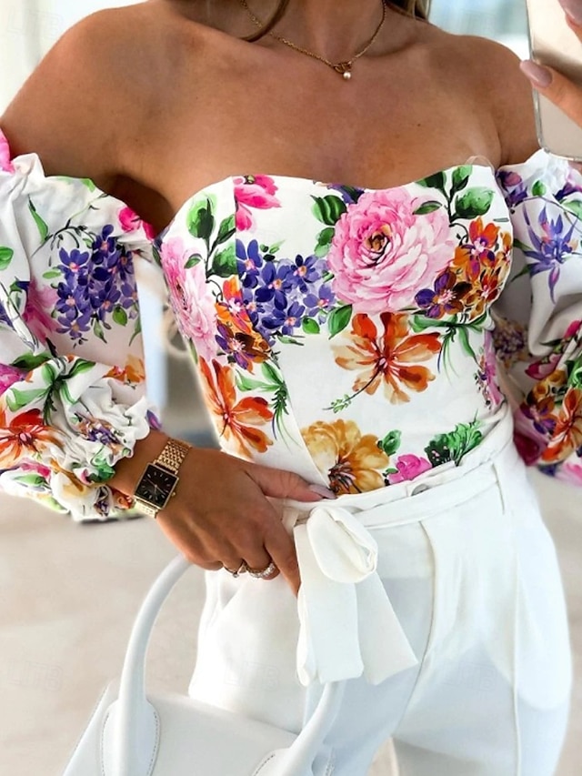  Damen Boho-Hemd Bluse Blume Modern Boho Langarm Schulterfrei Normale Oberteile Täglich Ausgehen Druck Erröten Sie Rosa Rosa Wein Rote Purpur Sommer