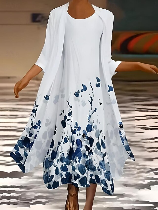 Women's Dress Set Summer Dress Vacation Casual Ombre Floral Print Maxi Dress 3/4 Length Sleeve Crew Neck Wedding Guest Birthday White Blue Purple Summer Spring Regular Fit4