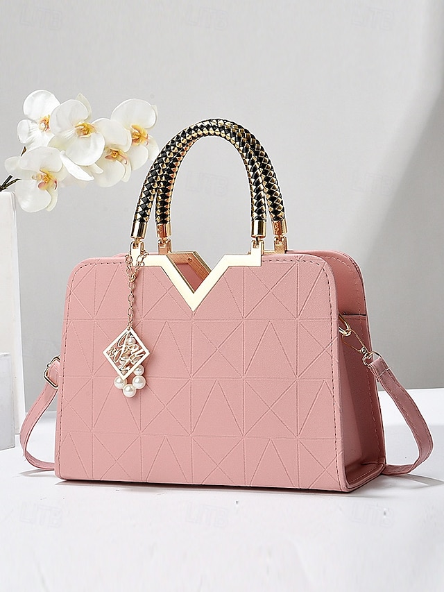  Dámská kabelka z umělé kůže s perlovým přívěskem – elegantní geometrické horní ucho a crossbody kabelka do kanceláře, na každodenní dojíždění a formální příležitosti