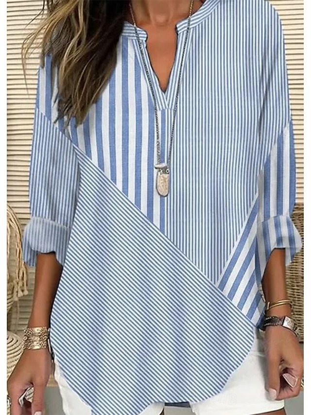  Women's Shirt Cotton Linen Shirt Blouse Graphic Striped Daily Hawaiian Business Long Sleeve V Neck Regular Tops Work Daily Holiday Buttons Print Black Blue Green Light Blue Summer Spring