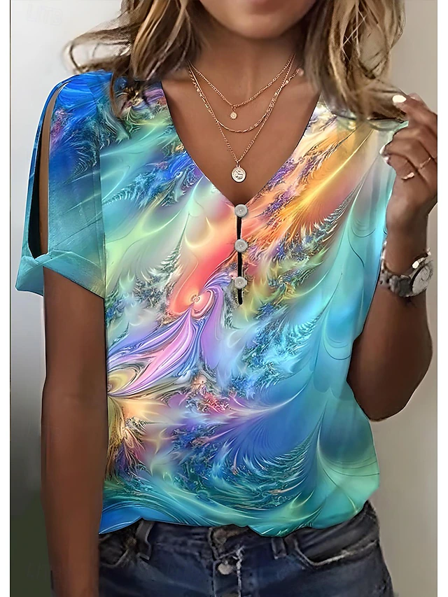 Women's T Shirt Henley Shirt Graphic Basic Neon & Bright Short Sleeve V Neck Regular Tops Daily Weekend Cut Out Buttons Print Blue Purple Green 11