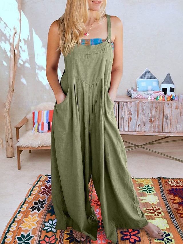  dame normal jumpsuit dungarees streetwear ensfarvet ærmeløs u-hals lomme gade fest normal pasform sort hvid gul sommer