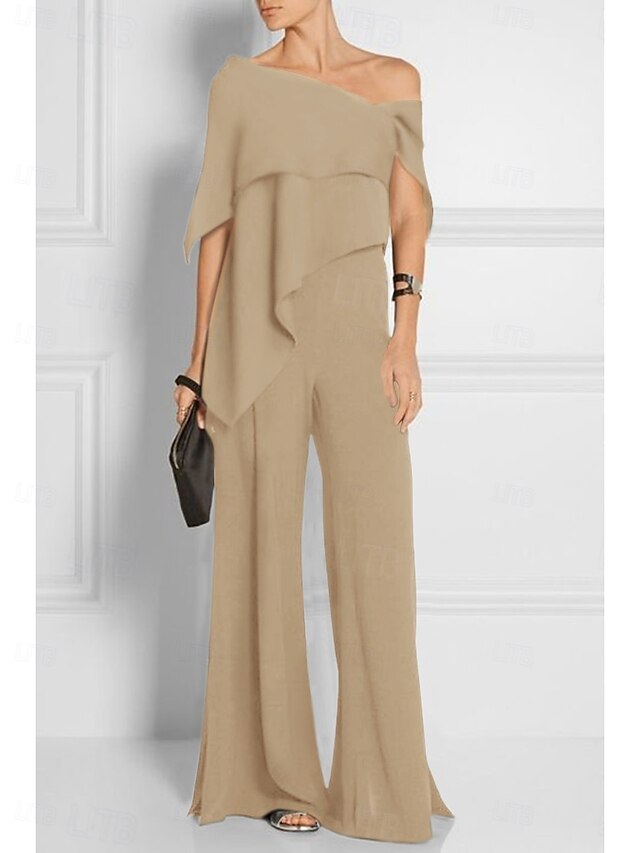 Elegant Chiffon Floor-Length Short Sleeves Wedding Guest Party Jumpsuits