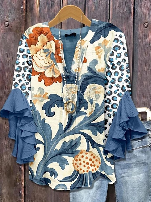  Women's Retro Blouse Layered Ruffle Sleeve Tops Vintage Floral Graphic Bohemia Vintage Daily 3/4 Length Sleeve V Neck Regular Tops Daily Holiday Vacation Wear Print Blue Khaki Summer Spring Fall