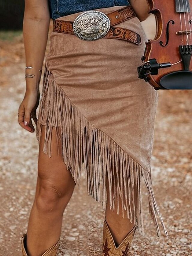 Women's Skirt Bohemia Fashion Boho Midi Mid Rise Skirts Plain Tassel Fringe Micro-elastic Vacation Street Light Brown Summer Polyester4