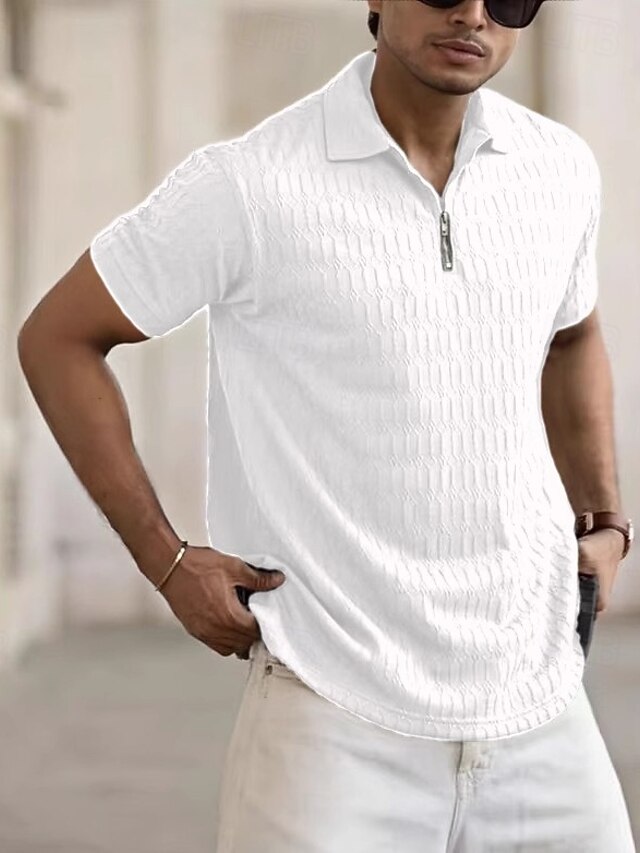  Voor heren Polo met rits Golfshirt Casual Sport Revers Kwart ritssluiting Korte mouw Modieus Basic Geometrisch Effen Kwart ritssluiting Zomer Lente Normale pasvorm Licht Blauw Zwart Wit Marineblauw
