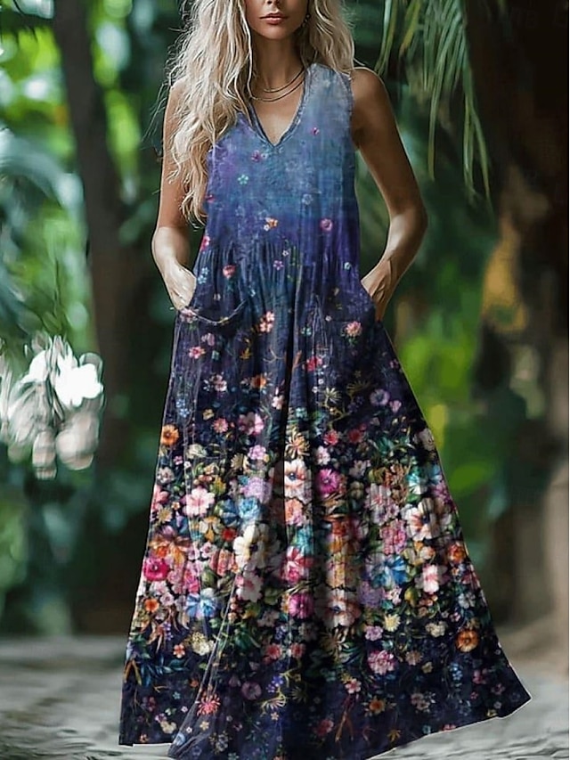  Pentru femei Rochie Lunga Rochie Maxi Rochie casual Rochie leagăn Rochie de vară Rochie Boho Epocă Vacanță Zilnic Concediu Fit regulat Floral Fără manșon În U Albastru piscină Gri Închis Gri Vară