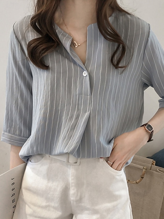  Femmes Chemise Rayé Élégant Occasionnel Manche 3/4 Col ras du cou Hauts Réguliers Quotidien Boutons Imprimé Blanche Rose Claire bleu marine Bleu clair Été