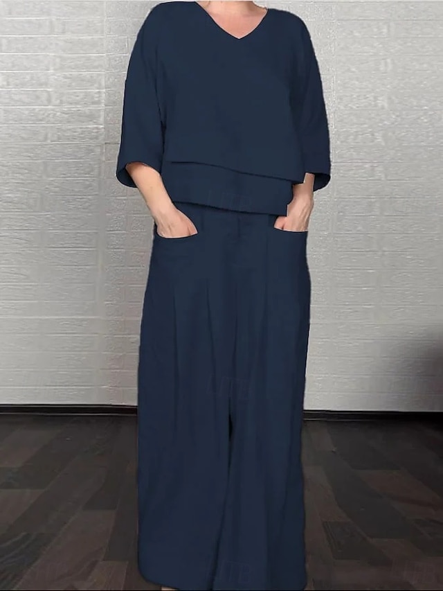  Mujer Talla EU / US2 Pieces SetsConjunto con tacto de lino Chándal Bolero Manga Larga Manga 3/4 Escote en Pico Casual Negro Blanco Caqui Verano Ajuste regular