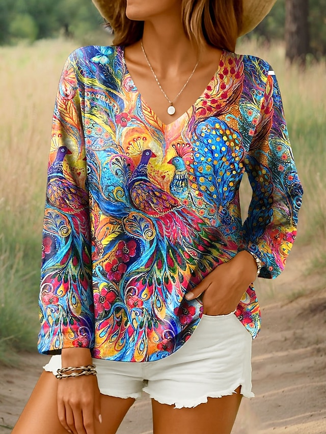  Damen Bluse Blumen Grafik Stilvoll Lässig Langarm V Ausschnitt Normale Oberteile Täglich Orange Sommer Frühling