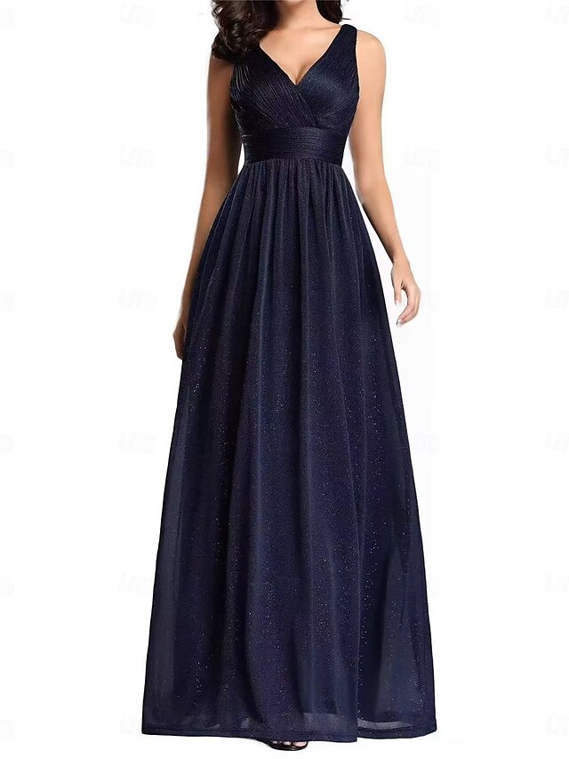  A-Linie Hochzeitsgast Kleider Partykleid Abendparty Abschlussball Bodenvoll Ärmellos V-Ausschnitt Baumwolle Rückenfrei mit Glitzer gerafft