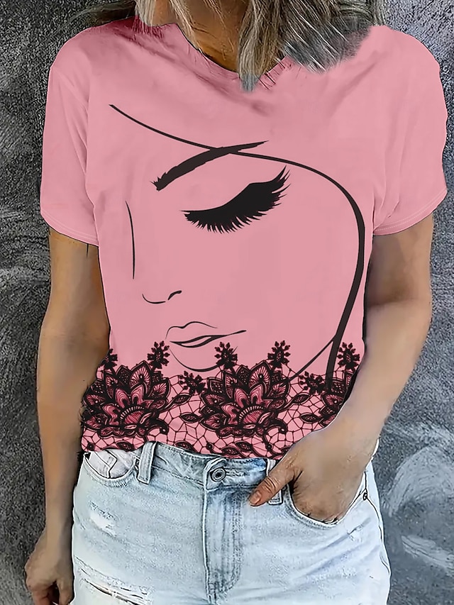  Dame T skjorte Sommertopper Grafisk Klassisk Fritid Kortermet Crew-hals Crop Tops Daglig Helg Trykt mønster Rosa Sommer Vår Høst