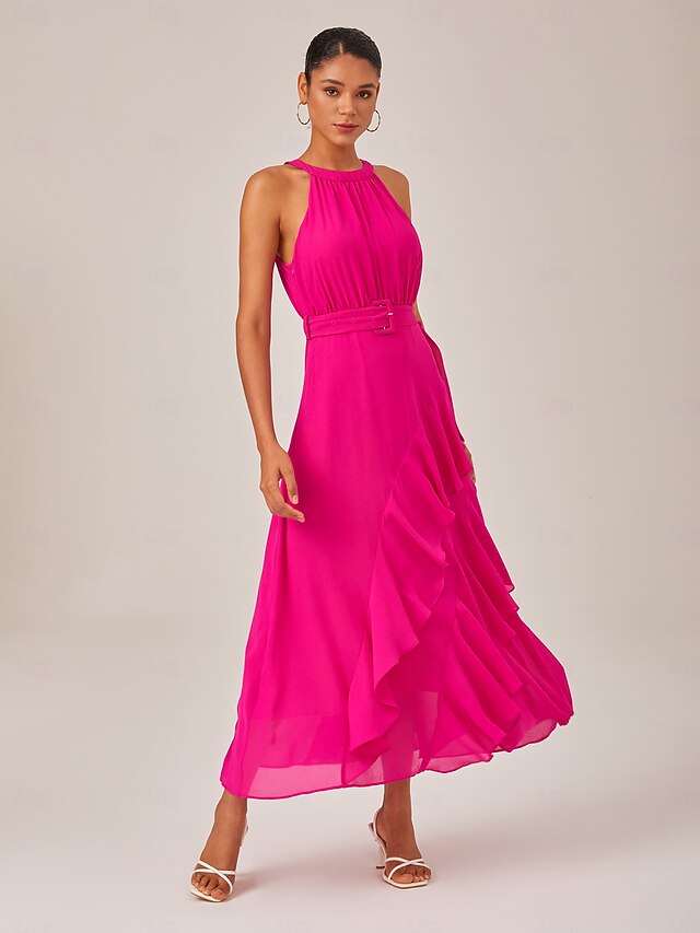 Women's Elegant Dress Rose Red Sleeveless Solid Color Ruffle Mismatched All Seasons Elegant Dress Wedding Party S M L 6