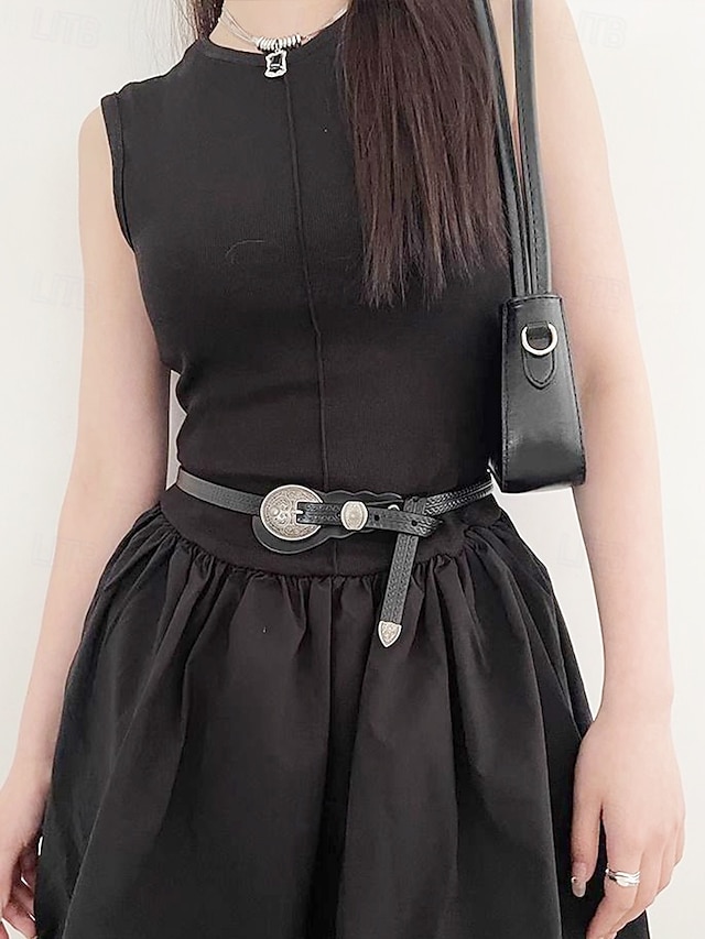  Cintura da donna in similpelle intagliata in stile western con fibbia vintage in argento per abiti boho, concerti estivi e abiti da sposa in stile country