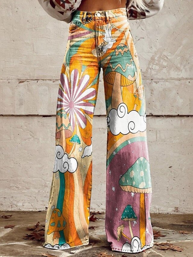 Women's Slacks Fashion Streetwear Full Length Natural Flower Pocket Printing Comfy Outdoor Comfortable Street Going out Yellow Summer Regular Fit4