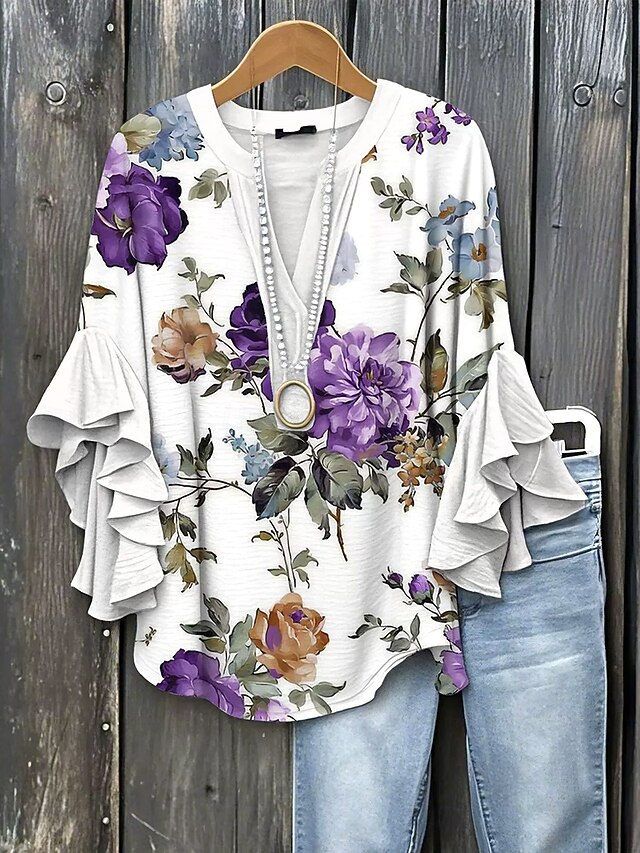 Women's Blouse V Neck Floral Graphic Striped Elegant Bohemia Ethnic 3/4 Length Sleeve Regular Tops Daily Holiday Vacation Wear Ruffle Print Sage Green Pink Purple Summer Spring Fall4