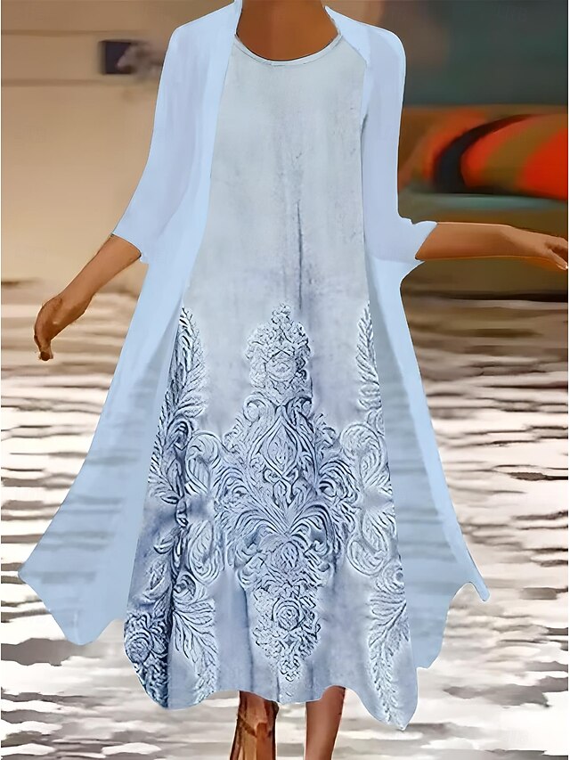 Women's Dress Set Summer Dress Vacation Casual Ombre Floral Print Maxi Dress 3/4 Length Sleeve Crew Neck Wedding Guest Birthday Black Sky Blue Dark Blue Summer Spring Regular Fit4