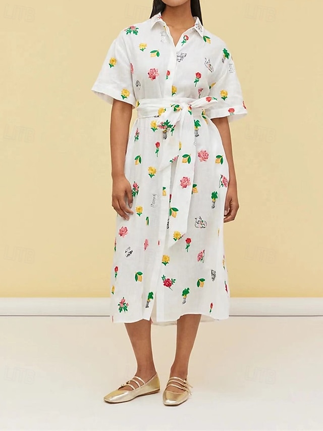  Femmes Robe Longue Maxi Robe Robes en coton et lin Robe Décontractée Mode Extérieur Soirée Fête Coupe régulière Fleur Manche Courte Col de chemise Blanche Été