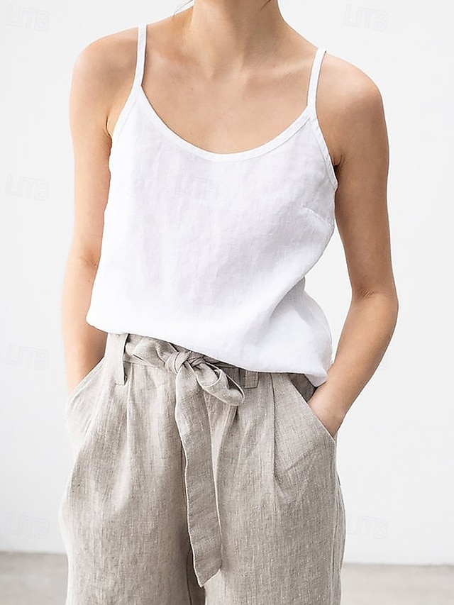  Naisten Pellava paita Pusero Camisole Tank Top Tavallinen Vapaa-aika Hihaton Tiukka pyöreä kaula-aukko Tavalliset topit Päivittäin Pyhäpäivä Avoin selkä Musta Valkoinen Purppura Kesä