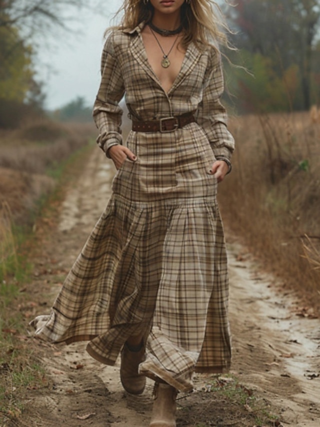  Dámské Midi šaty Boho šaty Westernové šaty Módní Klasické Venkovní Dovolená Jdeme ven Běžný Pléd Dlouhý rukáv Košilový límec Khaki Léto