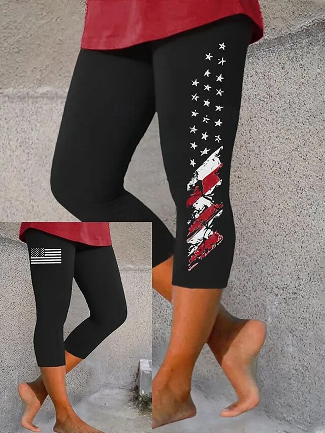Women's Patriotic  Leggings Vacation Vintage Fashion Calf-Length High WaistPants Graphic Flag Printing Breathable Soft Stretchy Formal Vacation Office Black  Slim Fit4
