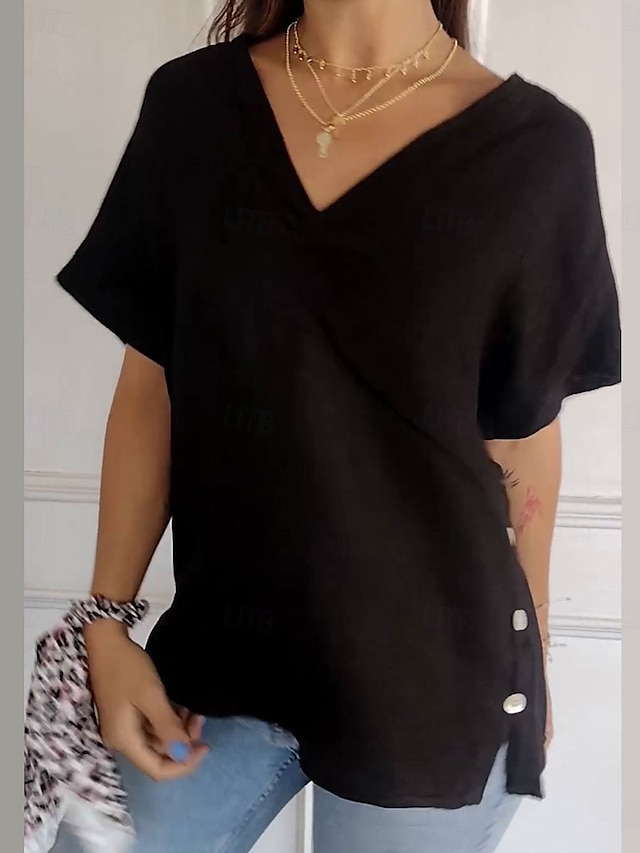  Chemisier en coton et lin pour femme, couleur unie, élégant, décontracté, manches courtes, col en V, régulier, quotidien, vacances, boutons, noir, blanc, marron, été